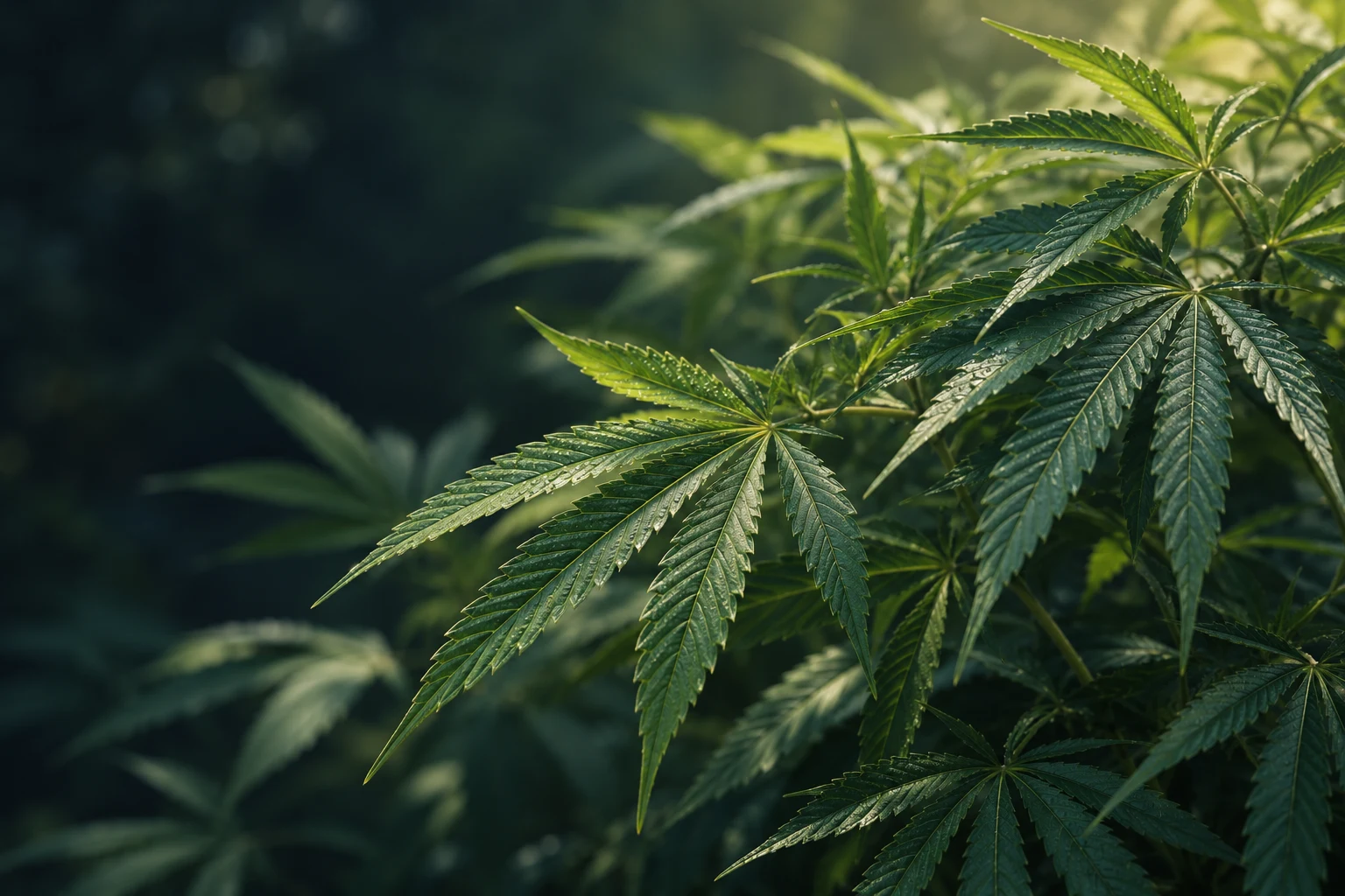 Illustrative botanical study of green cannabis leaves in soft light